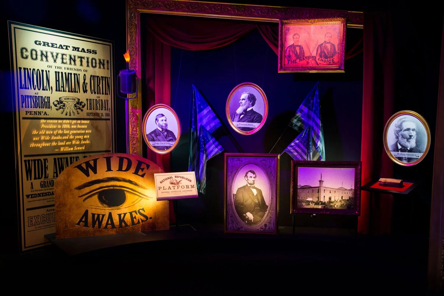 An 1860 campaign display with hand-painted banners and portraits.