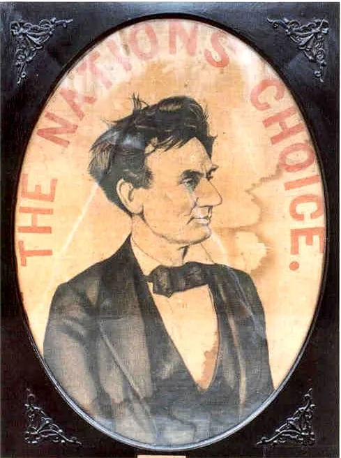 An oval campaign print titled The Nation's Choice showing a beardless Lincoln.
