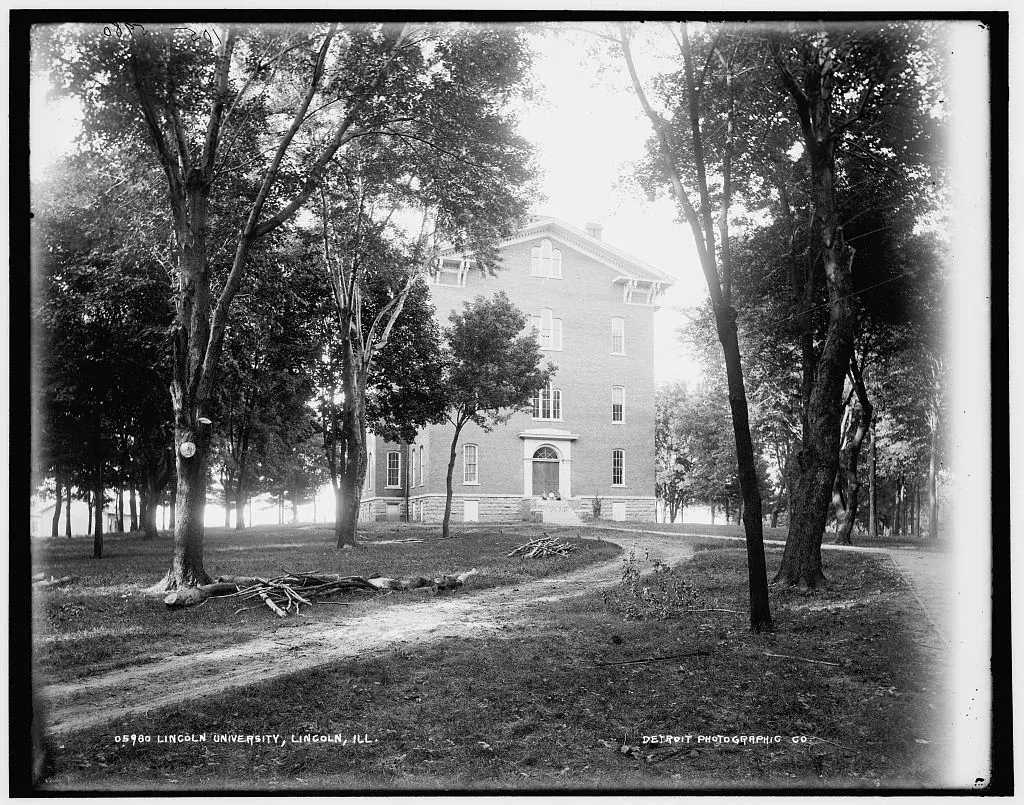A historic black and white photograph of University Hall at Lincoln University.